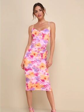 Lulus Pink Multi Floral Cutout Drawstring Midi Dress